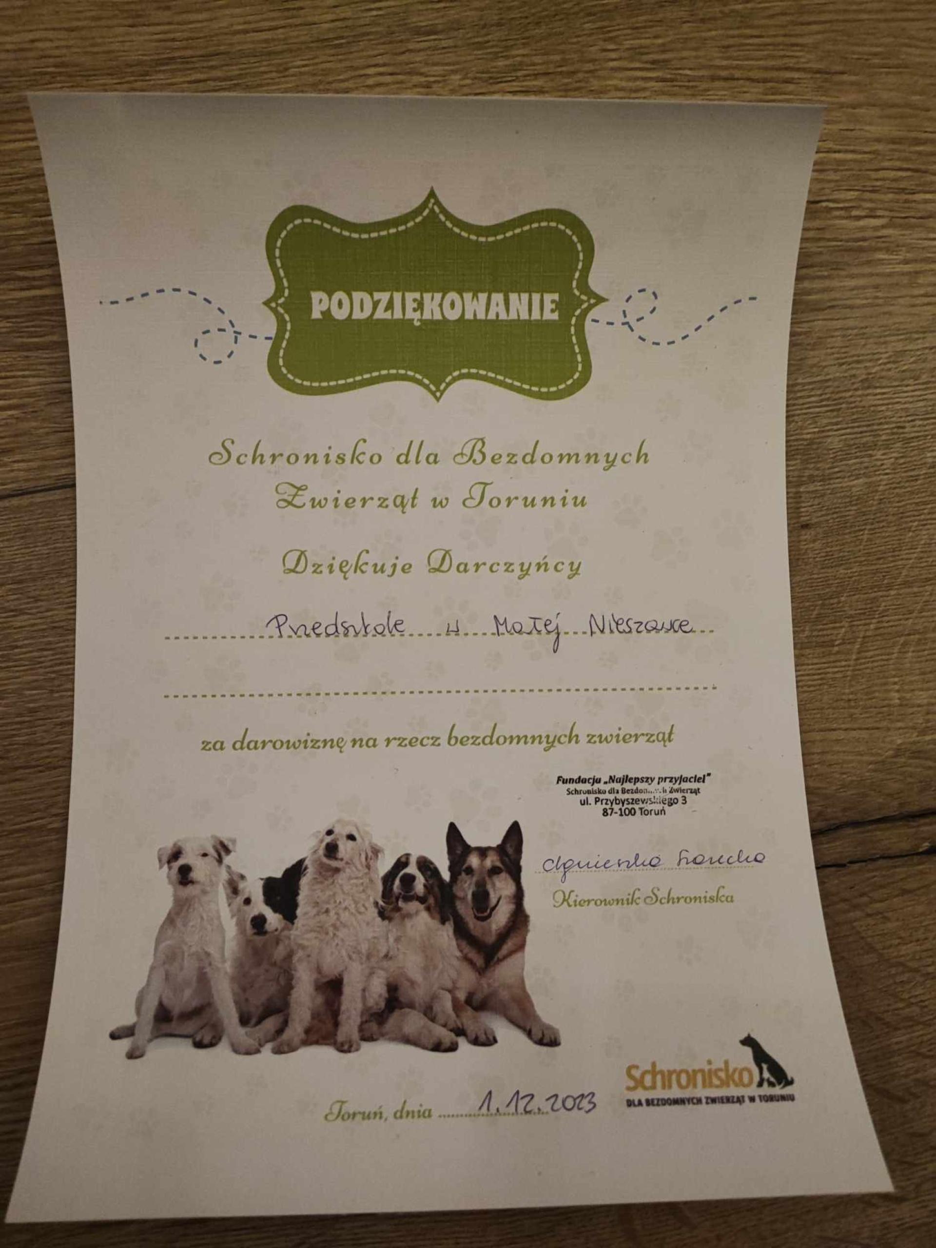 Podziękowanie za udział w akcji "Schronisko"